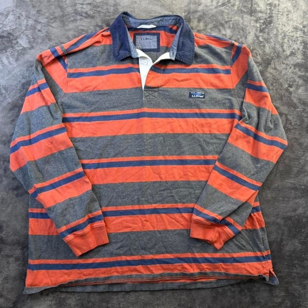 LL Bean Rugby Polo Mens Size XXL Tall Orange Gray Blue Striped Long Sleeve